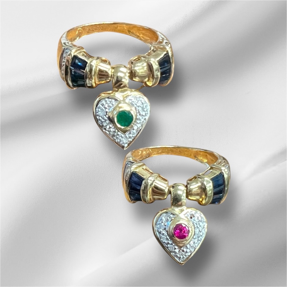 14k Gold Sapphire Baguettes, Emerald, Ruby & Diamond Ring w/ Puffed Heart Charm